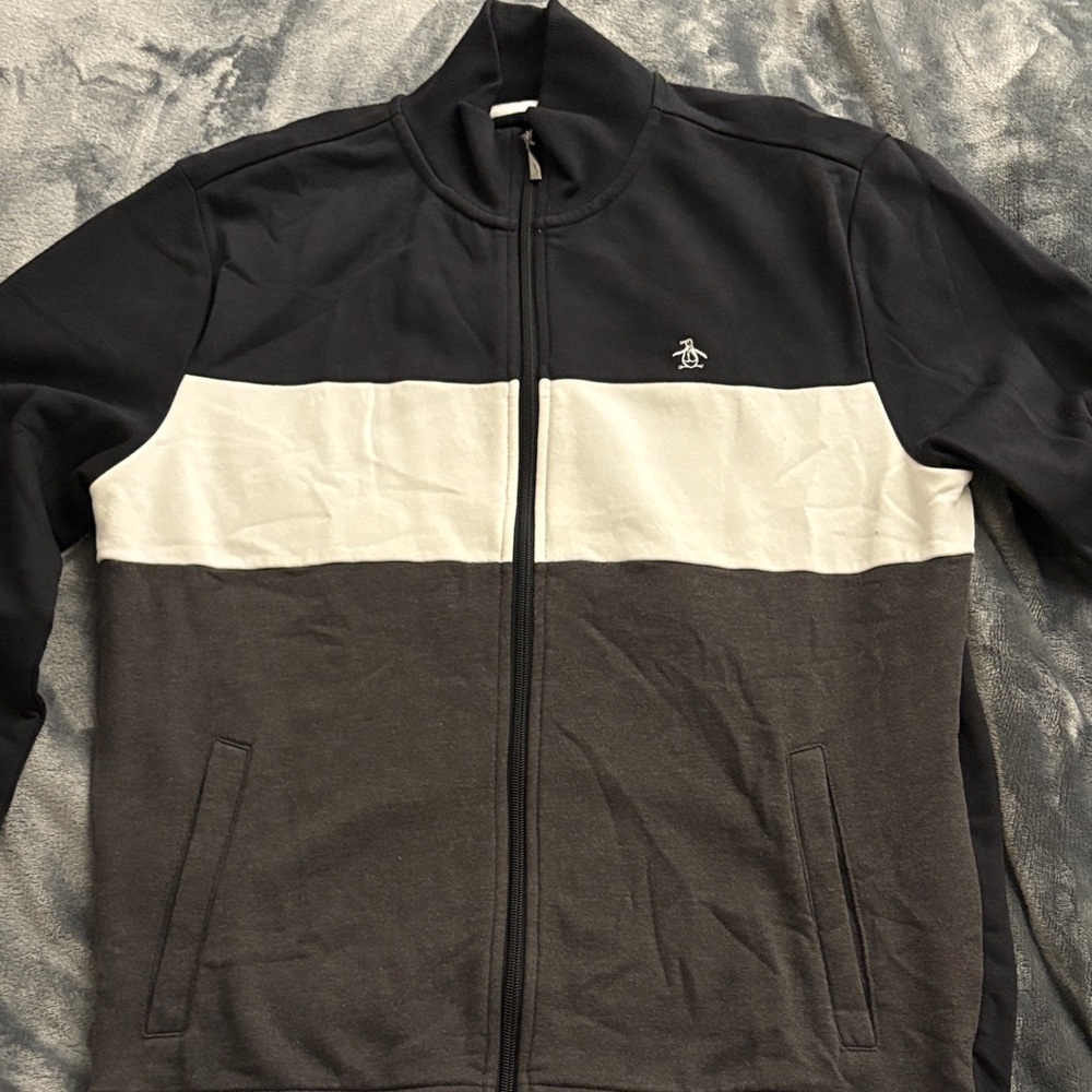 Original Penguin Men's Zip-Up Sweater in Black, White, and Gray